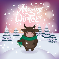 Winter vector illustration with cute happy bull.