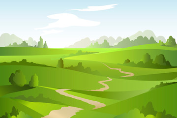 Abstract landscape with green fields, trees, lane. Beautiful rural nature. Vector Illustration.