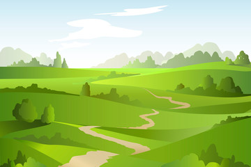 Obraz premium Abstract landscape with green fields, trees, lane. Beautiful rural nature. Vector Illustration.