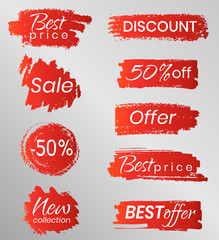 Vector set price tags, special offer tag collection in grunge style. Red banner elements for website and advertising. Discount label design. Vector illustration.