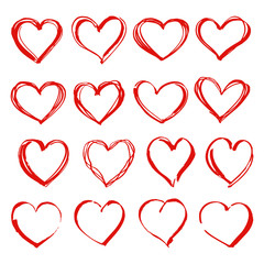 Set of linear red hearts of different shapes. Heart doodles, Hand drawn love hearts. Vector illustration.