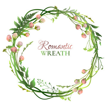 Floral Romantic Wreath With Pastel Pink Flower Buds And Green Herbs. Vector Illustration.