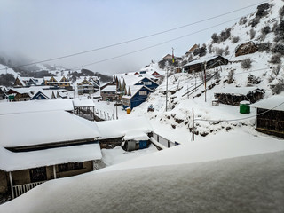Houses during snowfall