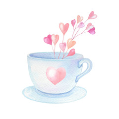 Watercolor Cup with pink hearts.Watercolour isolated image on a white background.