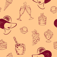 Woman, sweets, candy , food , fashion vector seamless pattern . Concept for print, wallpaper, wrapping paper 