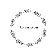 Wreath. Monochrome round floral frame, Lorem Ipsum. Hand drawn art design element stock vector illustration for web, for print