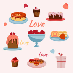 Flat style bakery icons for the Valentine's day decorations.