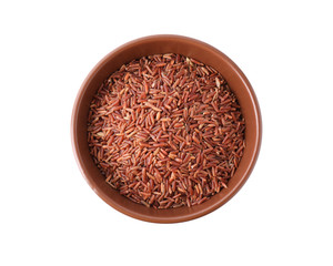 Fototapeta na wymiar Brown rice in bowl isolated on white, top view