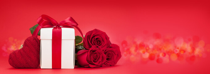 Valentines day gift box and roses bouquet