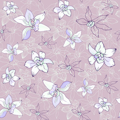 Seamless textile pattern of delicate tropical flowers on a purple background. Vector illustration for fabric for fabric, paper and tile decoration.