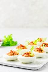 Spicy bloody Mary deviled eggs. Selective focus, space for text.