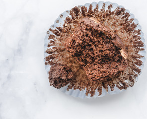 Detail of the interior of a homemade chocolate muffin.
