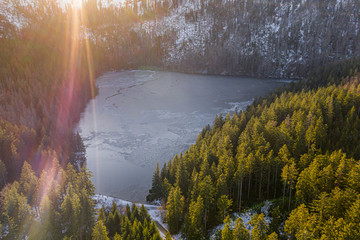 Cerne jezero in the Bohemian Forest is the largest and deepest natural lake in the Czech Republic. This triangular lake surrounded with spruce forest is located about 6 km northwest of Zelezna Ruda.