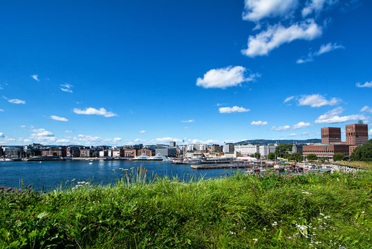 Bay Pipervika, harbor, town hall and district Aker Brygge in Oslo
