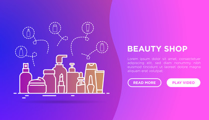 Beauty shop web page template with thin line icons: skin care, cream, gel, organic cosmetics, make up, soap dispenser, nail care, beauty box, deodorant, face oil. Modern vector illustration.