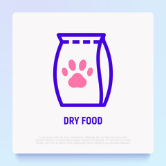 Dry food packet with paw thin line icon. Modern vector illustration for pet shop.