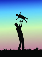 Fototapeta na wymiar vector illustration silhouette father throws his son up