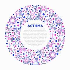 Asthma concept in circle with thin line icons: allergen, dyspnea, cough, wheezing, chest pain, diaphragm, asthma attack, hives, sputum, peak flow meter, inhaler, nebulizer. Modern vector illustration.