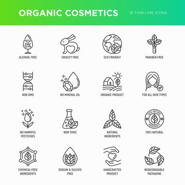 Organic cosmetics set of thin line icons for product packaging. Cruelty free, 0% alcohol, natural ingredients, paraben free, eco friendly, no mineral oil, non GMO. Modern vector illustration.
