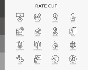 Rate cut thin line icon set: cutting price, cost reduction, sale, discount, receipt, loyalty card, interest. Modern vector illustration.