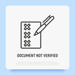 Document with cross marks and pen. Thin line icon. Checklist, questionnaire. Modern vector illustration.