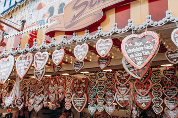 Gingerbread Hearts at the German Christmas Market. Traditional gingerbread with different...