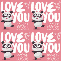 Seamless bright colorful cute pattern with love, hearts, Panda bear, friends, Valentines Day