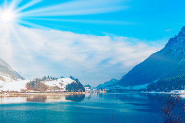 Lake with mountains. winter landscape