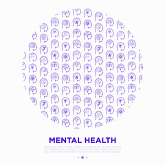Mental health concept in circle with thin line icons: mental growth, negative thinking, emotional reasoning, logical plan, obsession, inner dialogue, balance, self identity. Modern vector illustration