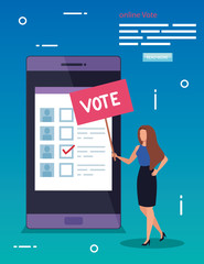 poster of online vote with smartphone and woman