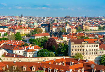 Prague cityscape with Old Town Bridge Tower and Charles bridge over Vltava river, Czech Republic
