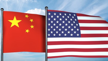 3D illustration of USA and China flag