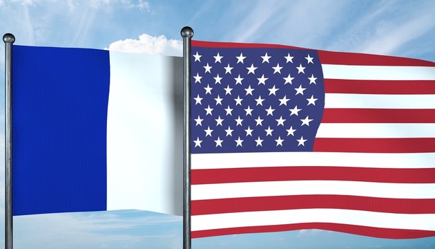 3D illustration of USA and France flag
