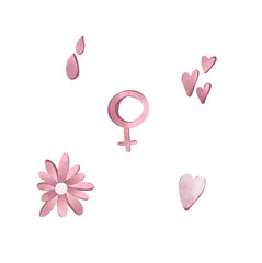 Digital illustration of a cute set of female symbol, flower, hearts, menstruation cycle drops. Print for stickers, icons, packaging isolate on a white background.