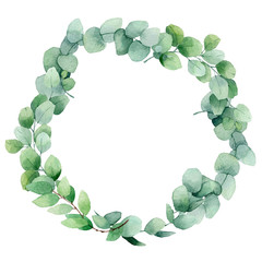 Watercolor wreath of branches of eucalyptus. Hand painted vintage frame with branches isolated on white background. Traditional evergreen frame. Christmas green wreath.