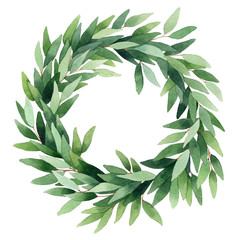 Watercolor wreath of branches of eucalyptus. Hand painted vintage frame with branches isolated on white background. Traditional evergreen frame. Christmas green wreath. - 314922752