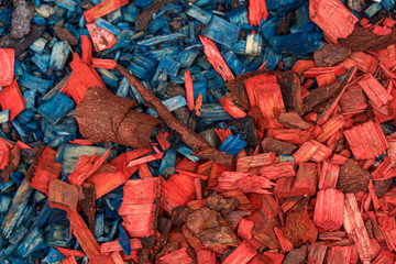 natural background. red and blue wood chips close up