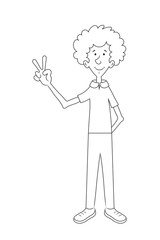 Cartoon man doing peace sign with fingers. outline drawing