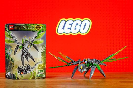 BERLIN - JUNE 17, 2016: A character (toy) universe of Lego Bionicle - Uxar, Creature of Jungle. BIONICLE is a line of construction toys created by the Lego Group.