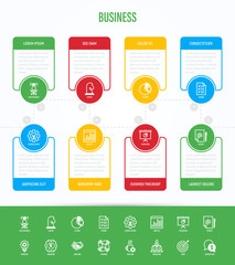 Business infographics with thin line icons. Symbols of success, strategy, finance planning, innovation, brainstorm, technical support, analytics, presentation, contract, target. Vector illustration.