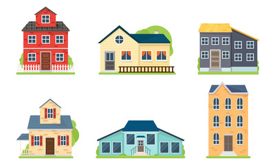 Fototapeta premium Set of houses and buildings facades vector illustration