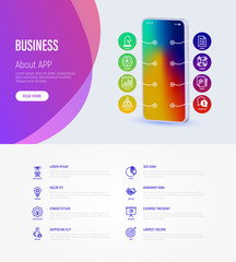 Business web page template with copy space. Mobile app on smartphone with thin line icons. Success, strategy, finance planning, innovation, brainstorm, it support, target. Vector illustration.