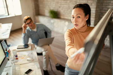 Asian businesswoman presenting new business ideas to her colleague in the office.