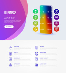 Business web page template with copy space. Mobile app on smartphone with thin line icons. Success, strategy, finance planning, innovation, brainstorm, technical support, contract. Vector illustration
