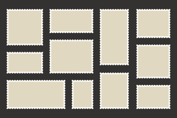 Set blank postage stamp.Toothed border mailing postal sticker template. Vector graphic design