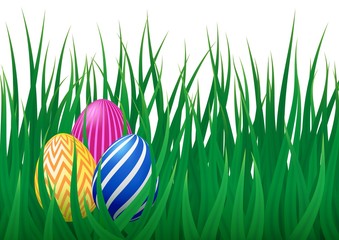 Vector template with realistic green grass meadow and colorful Easter eggs. Cute design for Happy Easter card, template, cover. Spring festive design with decorated eggs.