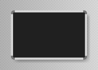 Realistic empty whiteboard for markers isolated on transparent background. Black Office board. Vector illustration