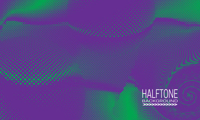 Halftone background design with green purple curved space abstraction. Monochrome printing raster of editable colors.