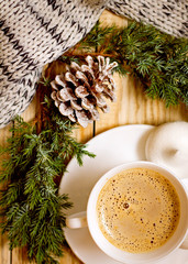  morning coffee with refreshments and winter theme spruce branch and cones