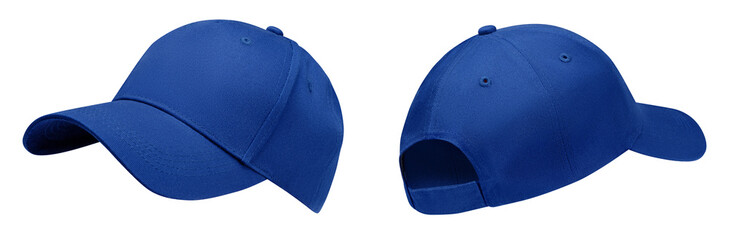 Blue baseball cap in angles view front and back. Mockup baseball cap for your design